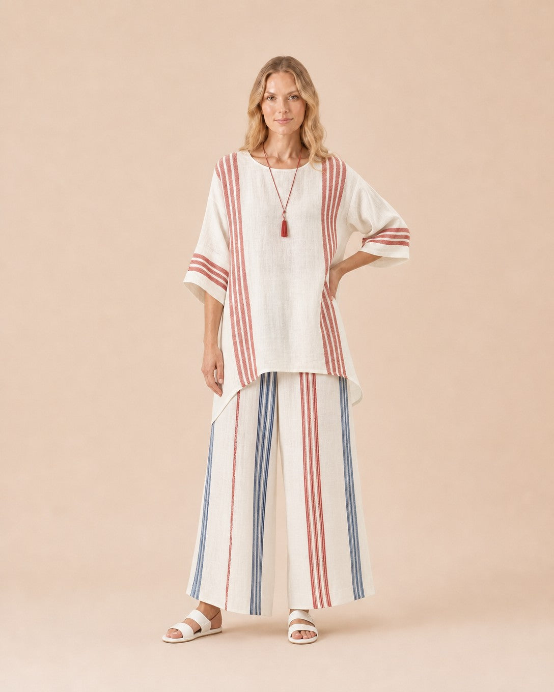 Linen Blend Striped Two-Piece Set Front View in Red