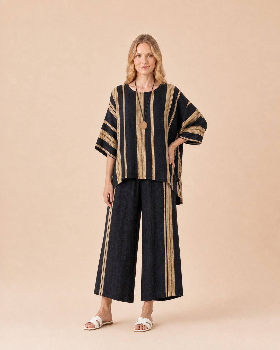 Linen Blend Striped Two-Piece Set Front View in Yellow