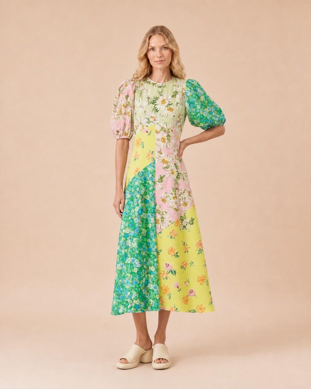 Mixed Floral Print Patchwork Midi Dress Front View in Green
