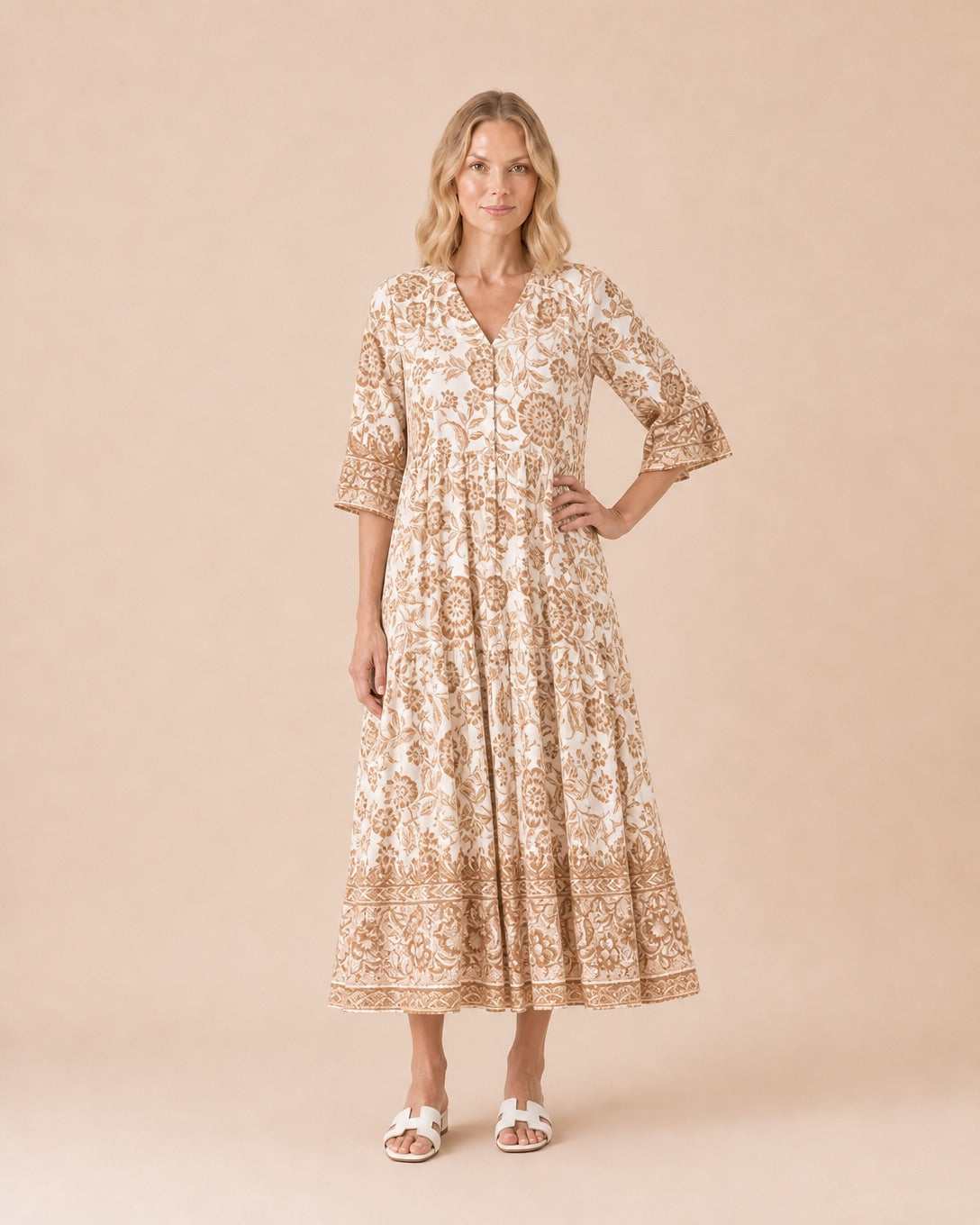 Paisley Print V-Neck Tiered Midi Dress Front View in Apricot