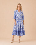Paisley Print V-Neck Tiered Midi Dress Front View in Blue