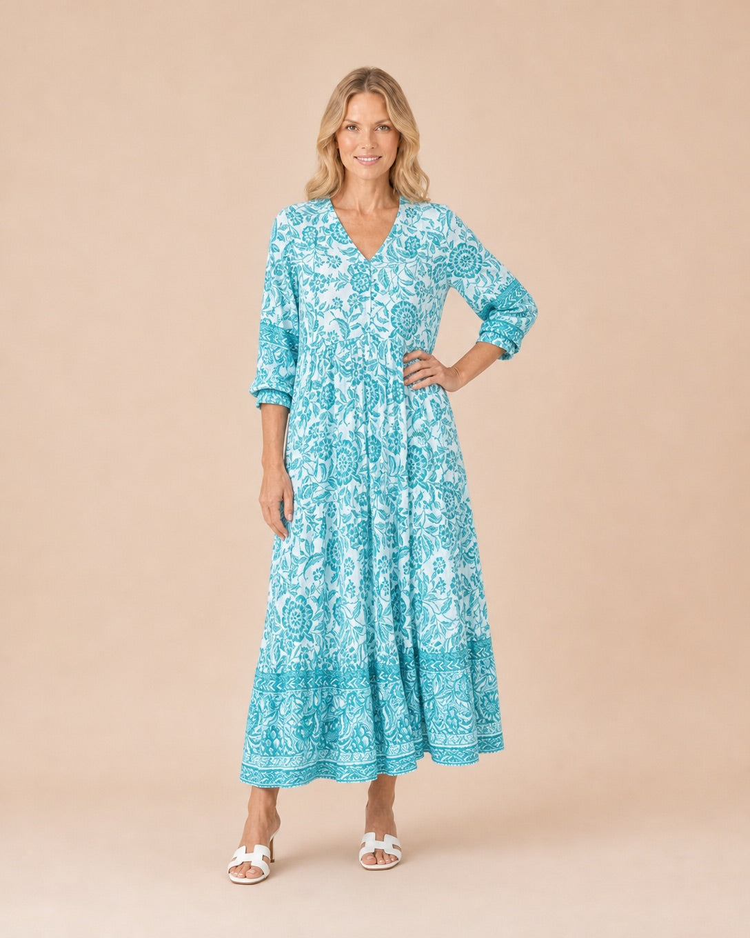 Paisley Print V-Neck Tiered Midi Dress Front View in Light Blue