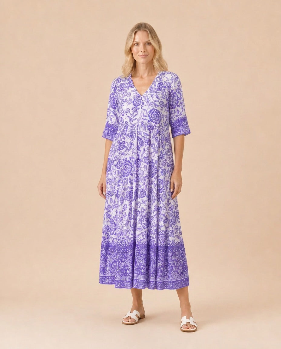 Paisley Print V-Neck Tiered Midi Dress Front View in Purple