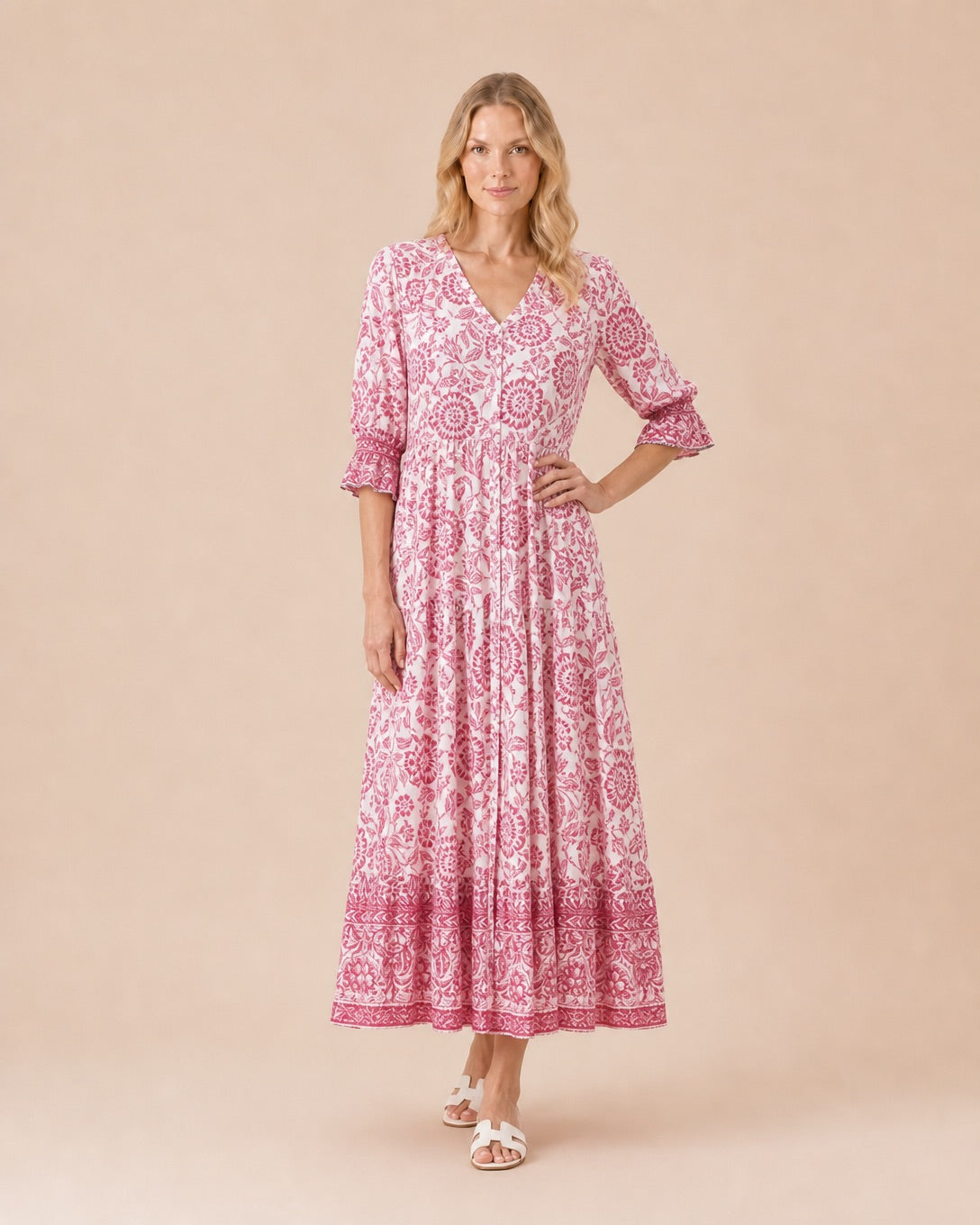 Paisley Print V-Neck Tiered Midi Dress Front View in Red