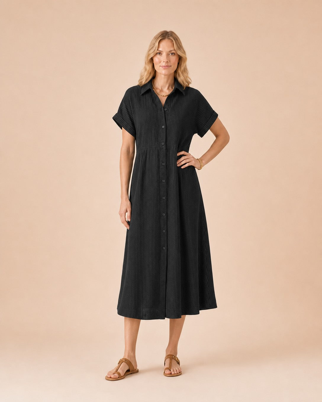 Striped Button-Front Midi Shirt Dress Front View in Black