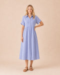 Striped Button-Front Midi Shirt Dress Front View in Blue