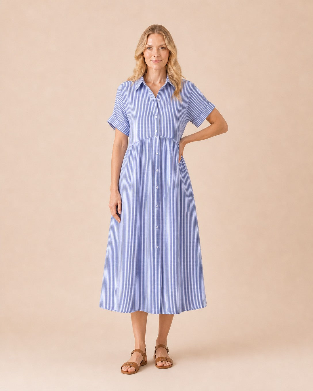 Striped Button-Front Midi Shirt Dress Front View in Blue