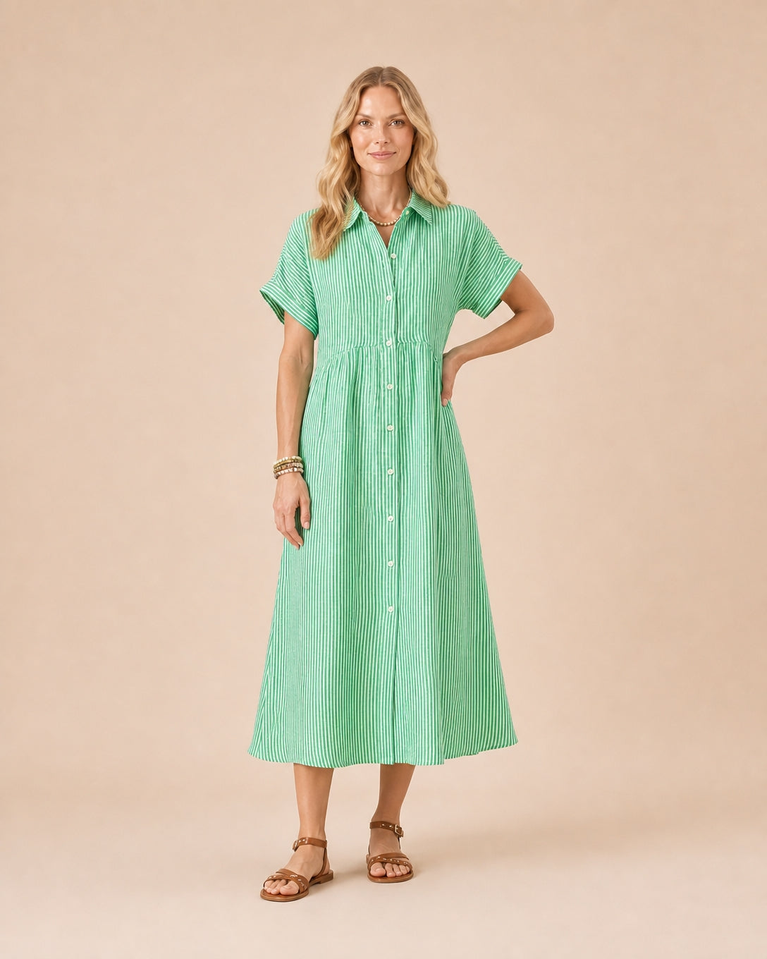 Striped Button-Front Midi Shirt Dress Front View in Green
