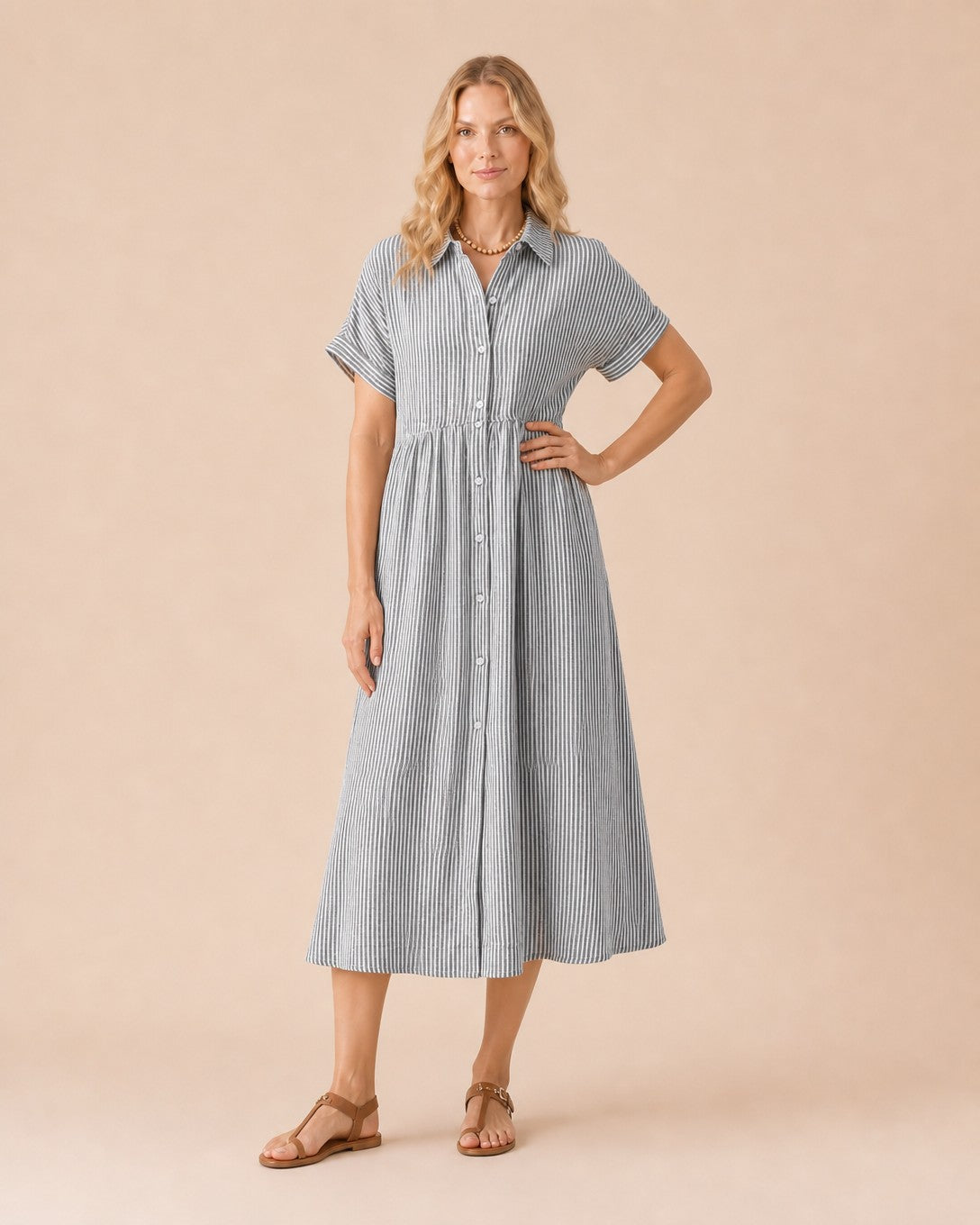 Striped Button-Front Midi Shirt Dress Front View in Grey