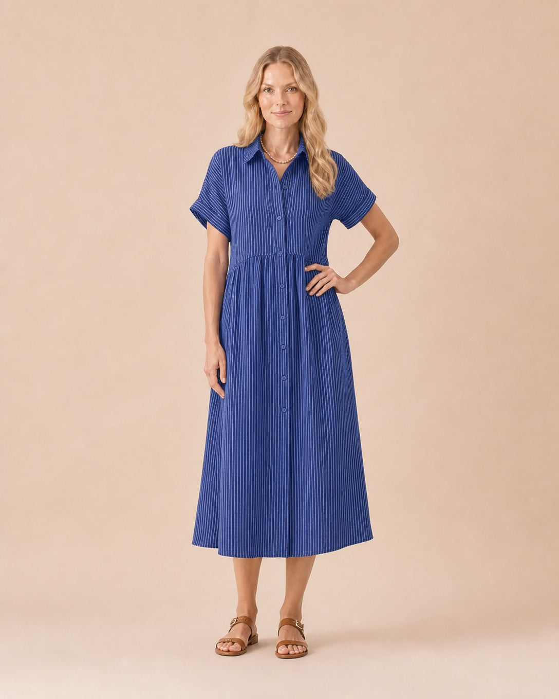 Striped Button-Front Midi Shirt Dress Front View in Navy