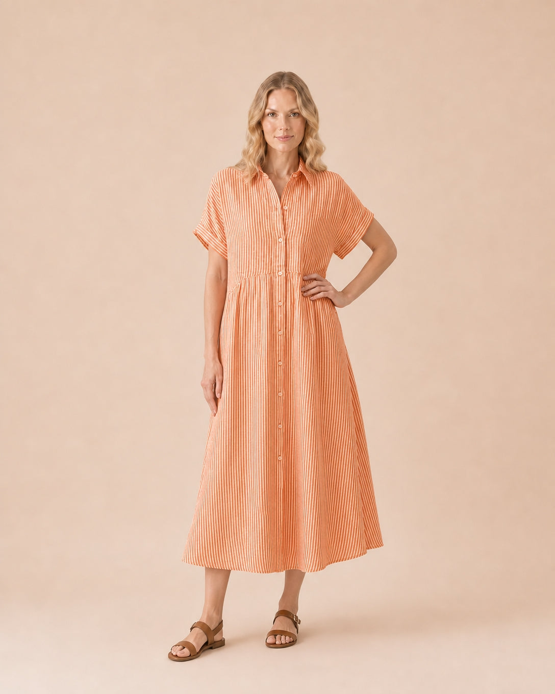 Striped Button-Front Midi Shirt Dress Front View in Orange
