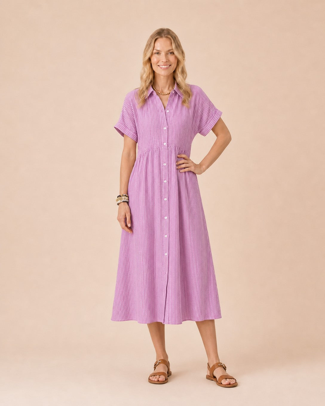 Striped Button-Front Midi Shirt Dress Front View in Pink