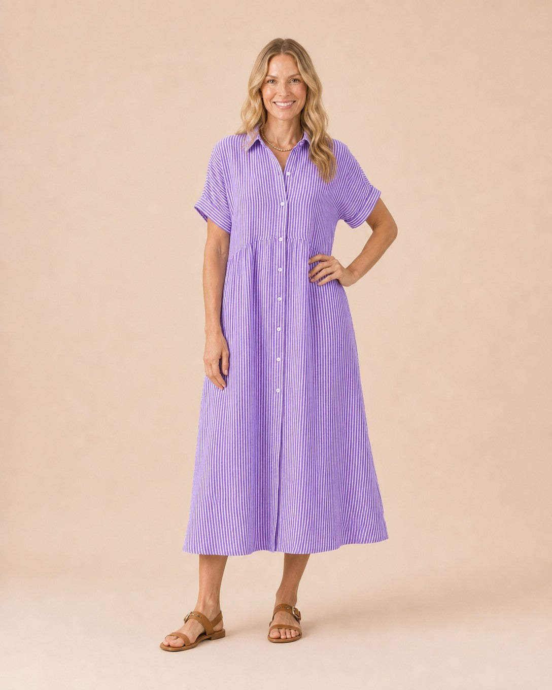 Striped Button-Front Midi Shirt Dress Front View in Purple