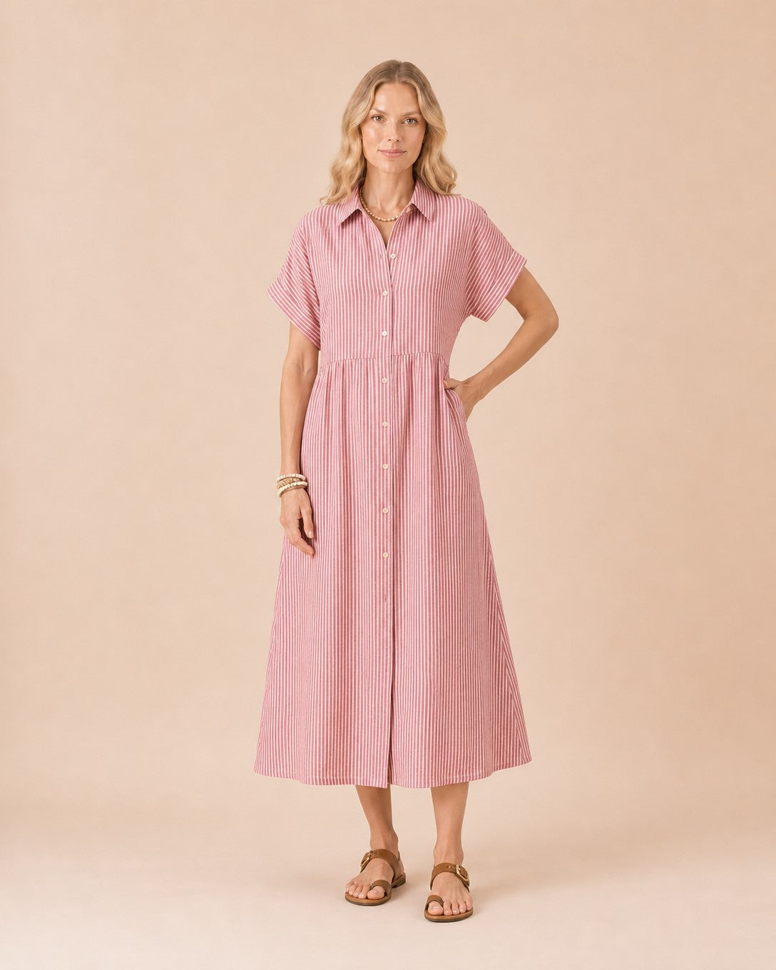 Striped Button-Front Midi Shirt Dress Front View in Red