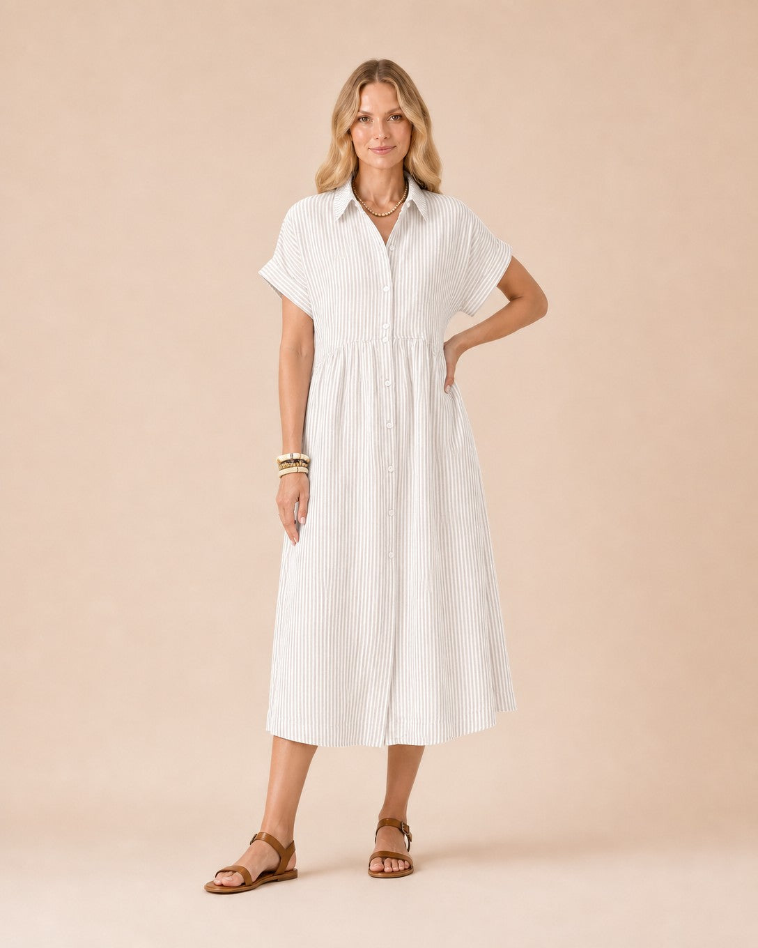 Striped Button-Front Midi Shirt Dress Front View in White