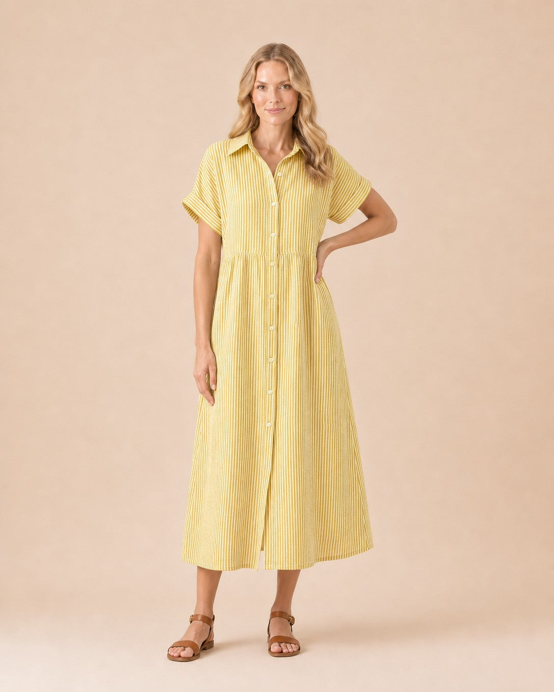 Striped Button-Front Midi Shirt Dress Front View in Yellow