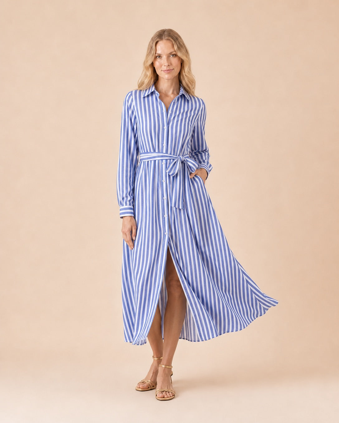 Striped Button-Front Shirt Dress with Belt Front View in Blue