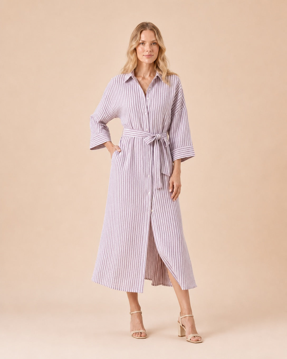 Striped Button-Front Shirt Dress with Belt Front View in Camel
