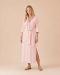 Striped Button-Front Shirt Dress with Belt Front View in Orange
