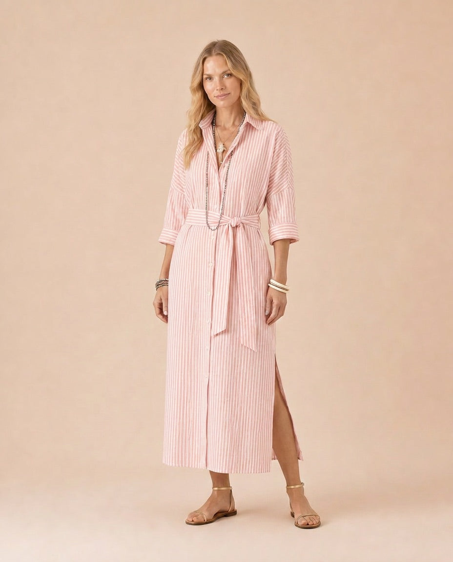 Striped Button-Front Shirt Dress with Belt Front View in Orange