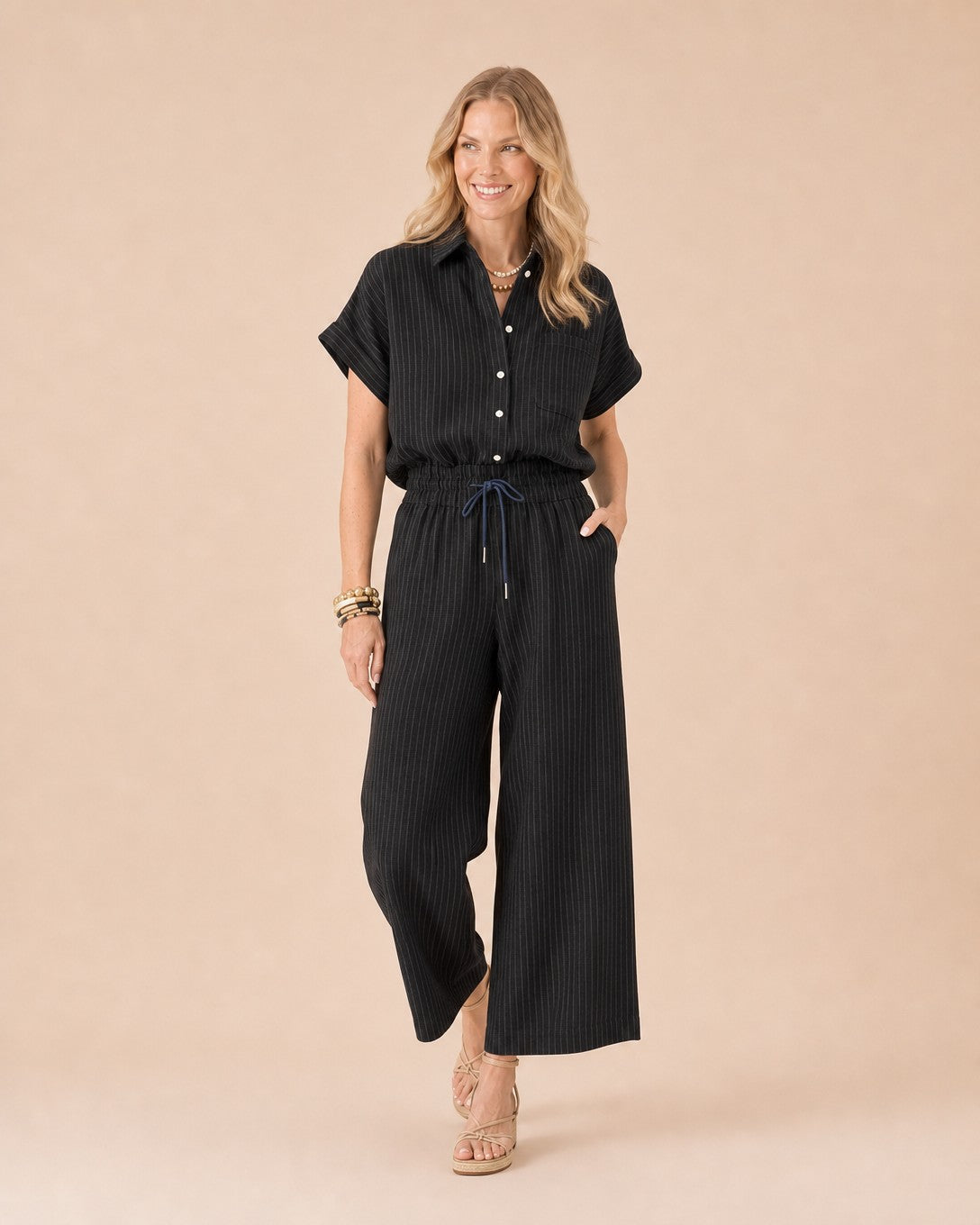 Striped Button Front Shirt suit Front View in Black