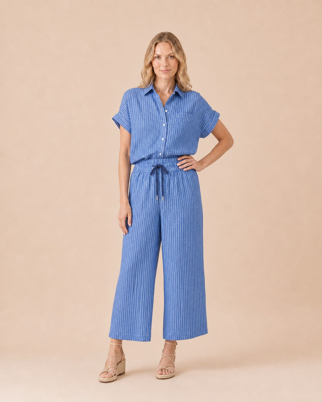 Striped Button Front Shirt suit Front View in Blue