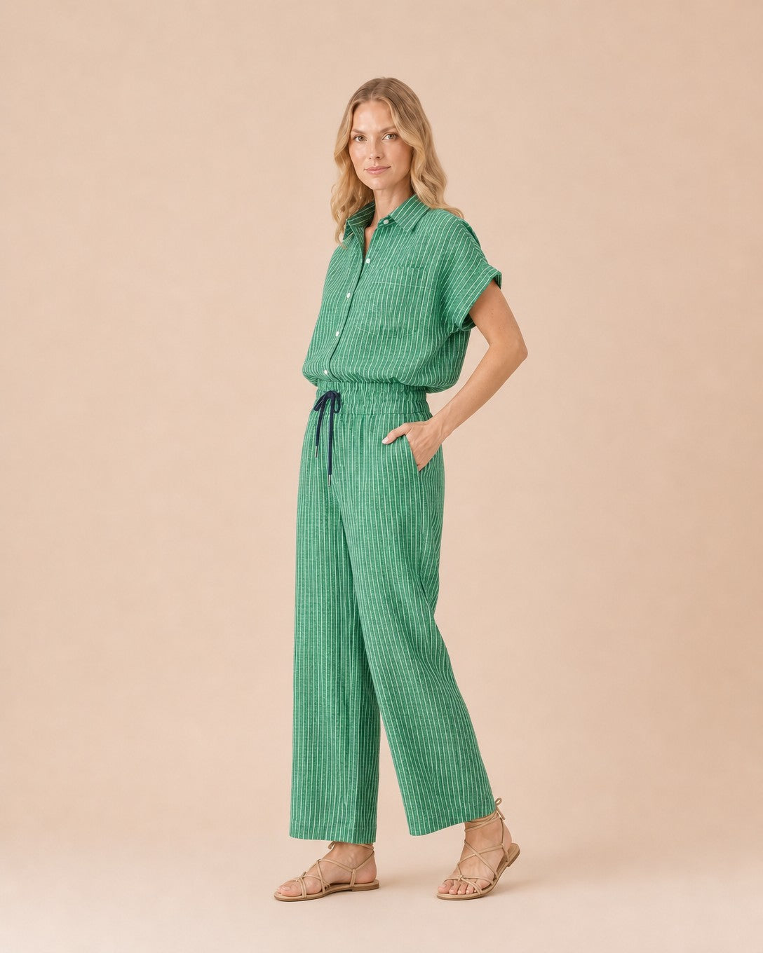 Striped Button Front Shirt suit Front View in Green