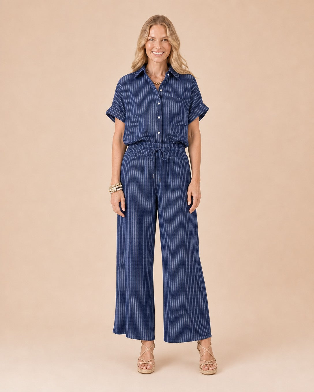 Striped Button Front Shirt suit Front View in Navy