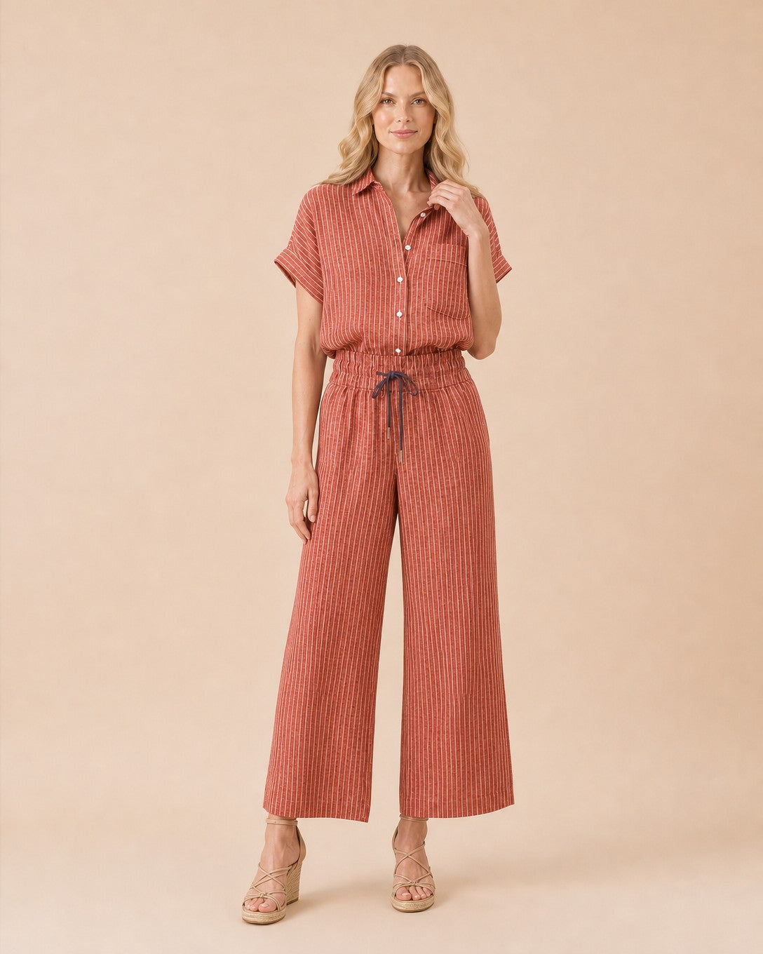 Striped Button Front Shirt suit Front View in Orange