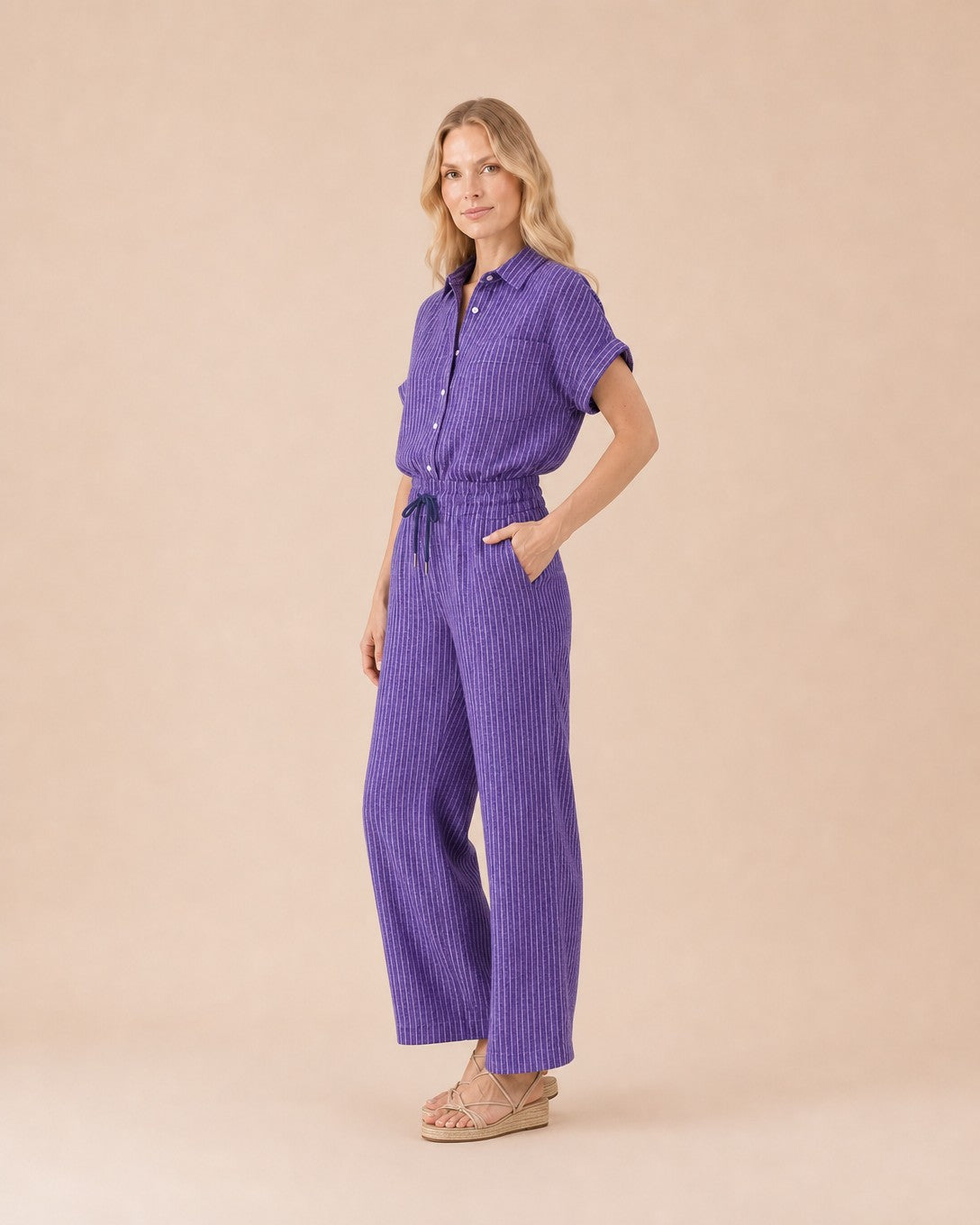 Striped Button Front Shirt suit Front View in Purple