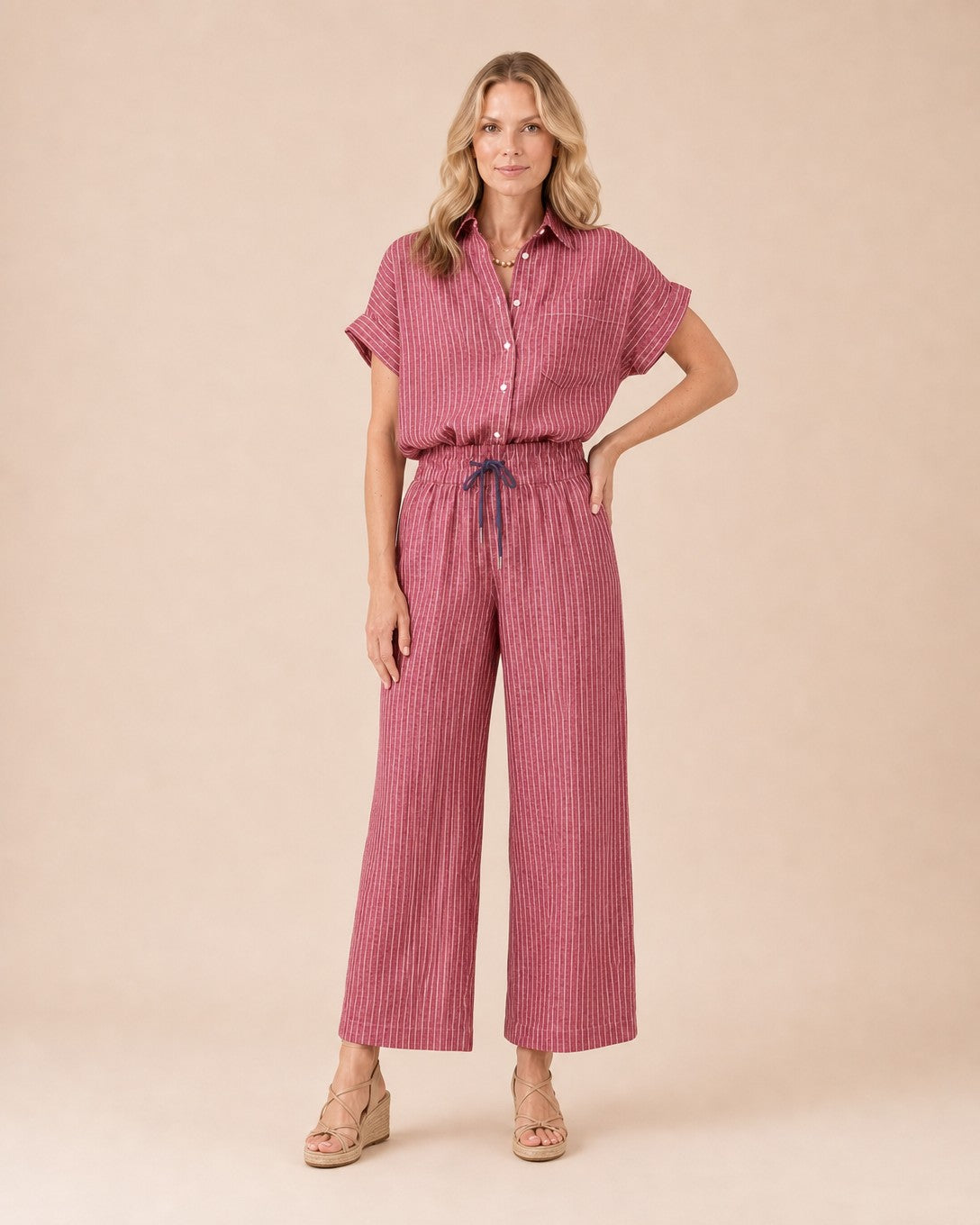 Striped Button Front Shirt suit Front View in Red