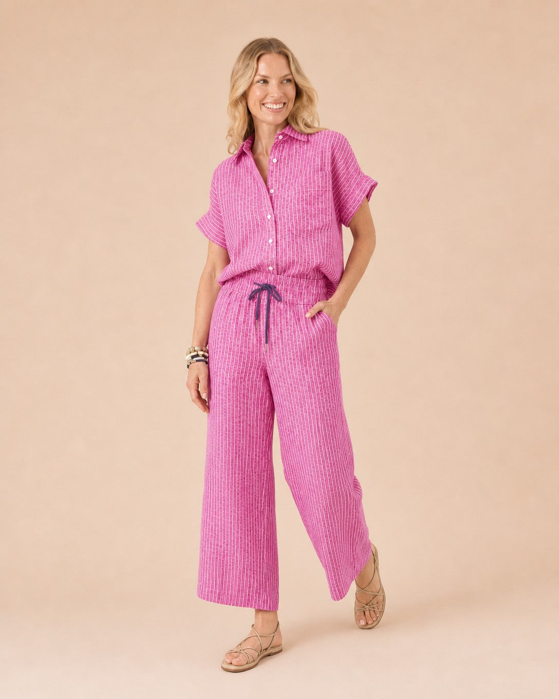 Striped Button Front Shirt suit Front View in Rose