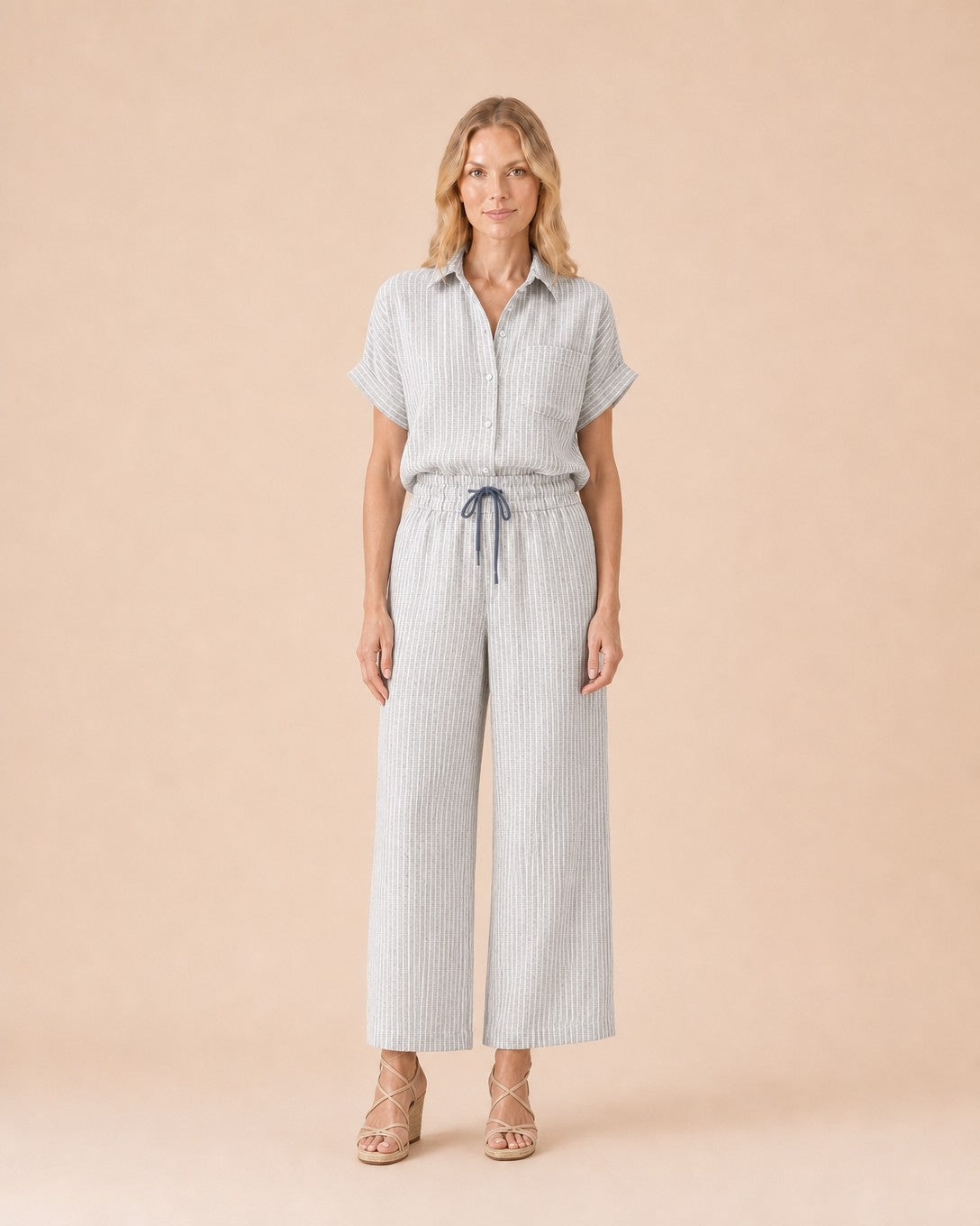 Striped Button Front Shirt suit Front View in White