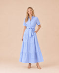 Striped Button-Front Tiered Maxi Dress with Belt Front View in Blue
