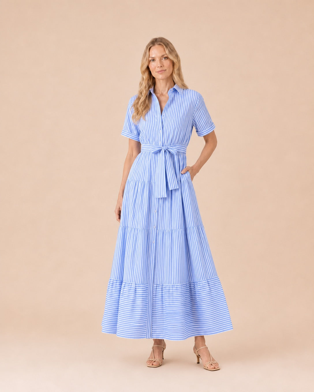 Striped Button-Front Tiered Maxi Dress with Belt Front View in Blue