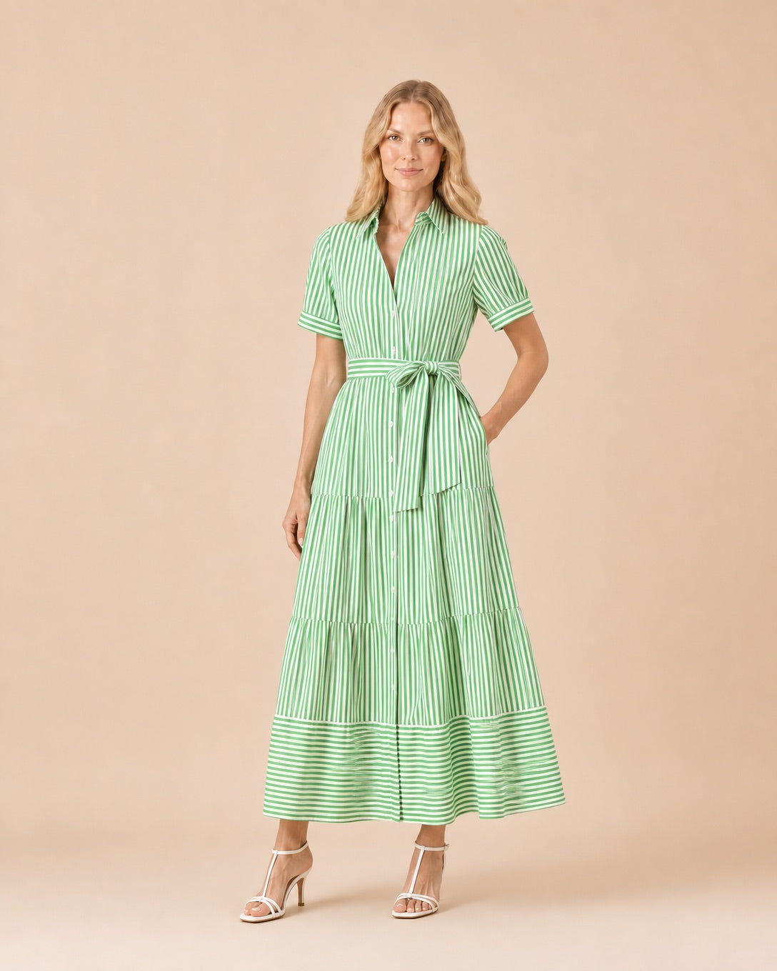 Striped Button-Front Tiered Maxi Dress with Belt Front View in Green