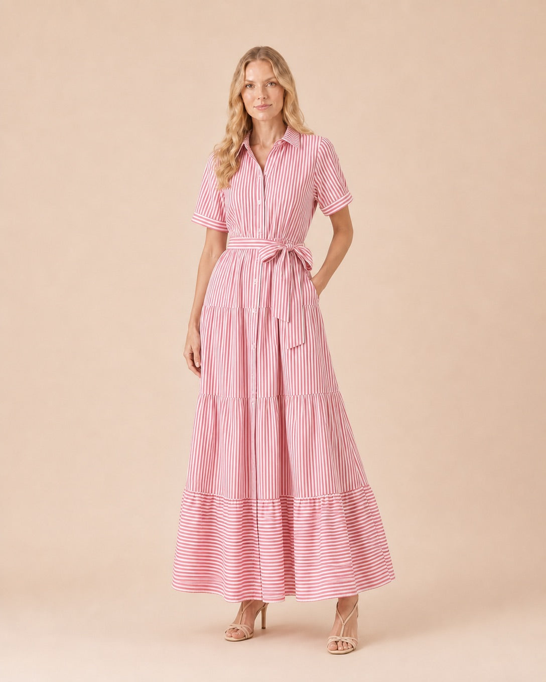 Striped Button-Front Tiered Maxi Dress with Belt Front View in Pink