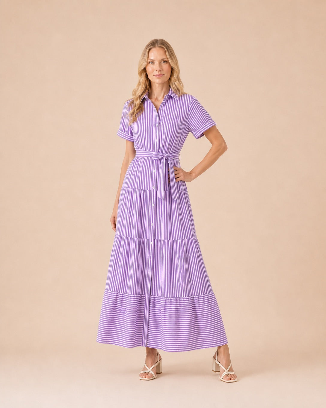 Striped Button-Front Tiered Maxi Dress with Belt Front View in Purple