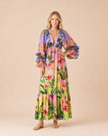 Tropical Floral Print Balloon Sleeve Maxi Dress Front View in Green