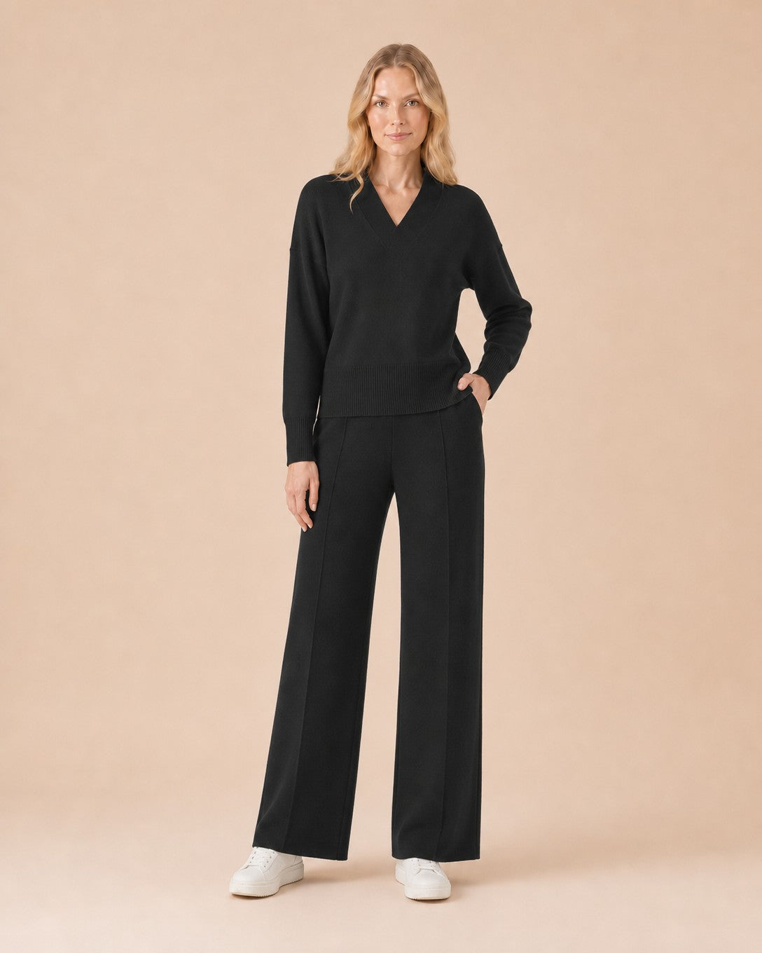 V-Neck Top and Wide-Leg Pants Set Front View in Black