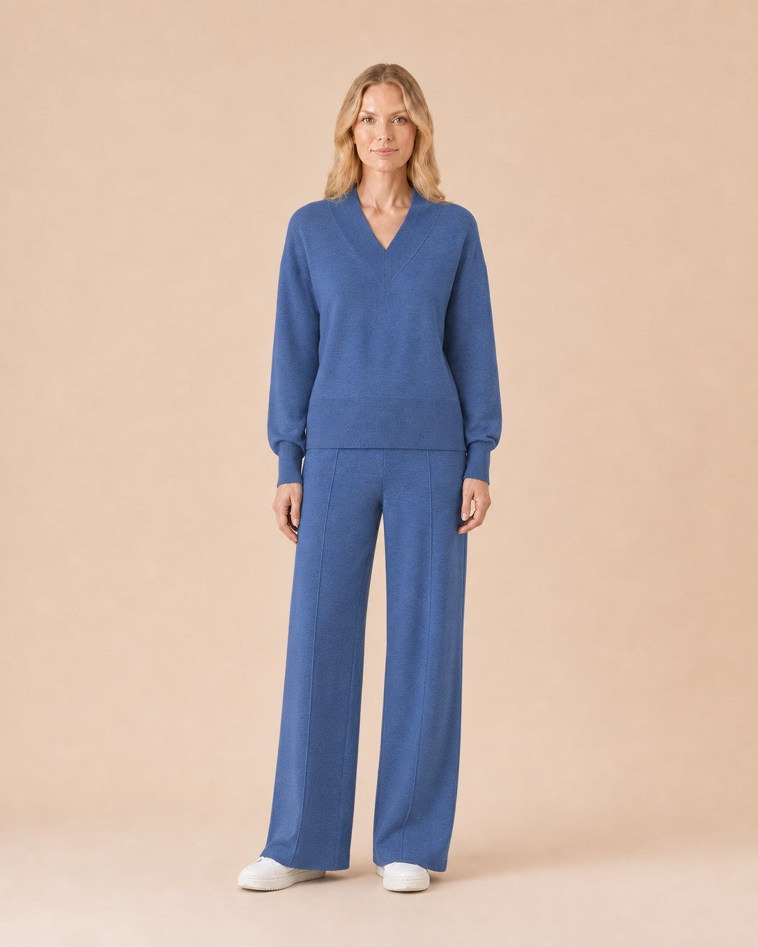 V-Neck Top and Wide-Leg Pants Set Front View in Blue