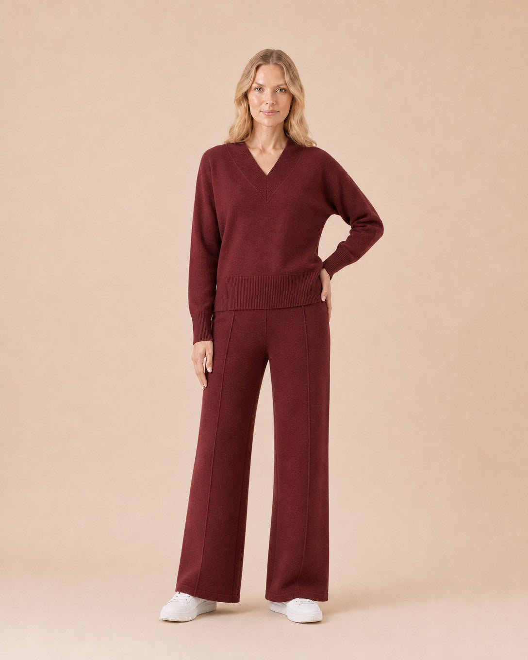V-Neck Top and Wide-Leg Pants Set Front View in Burgundy
