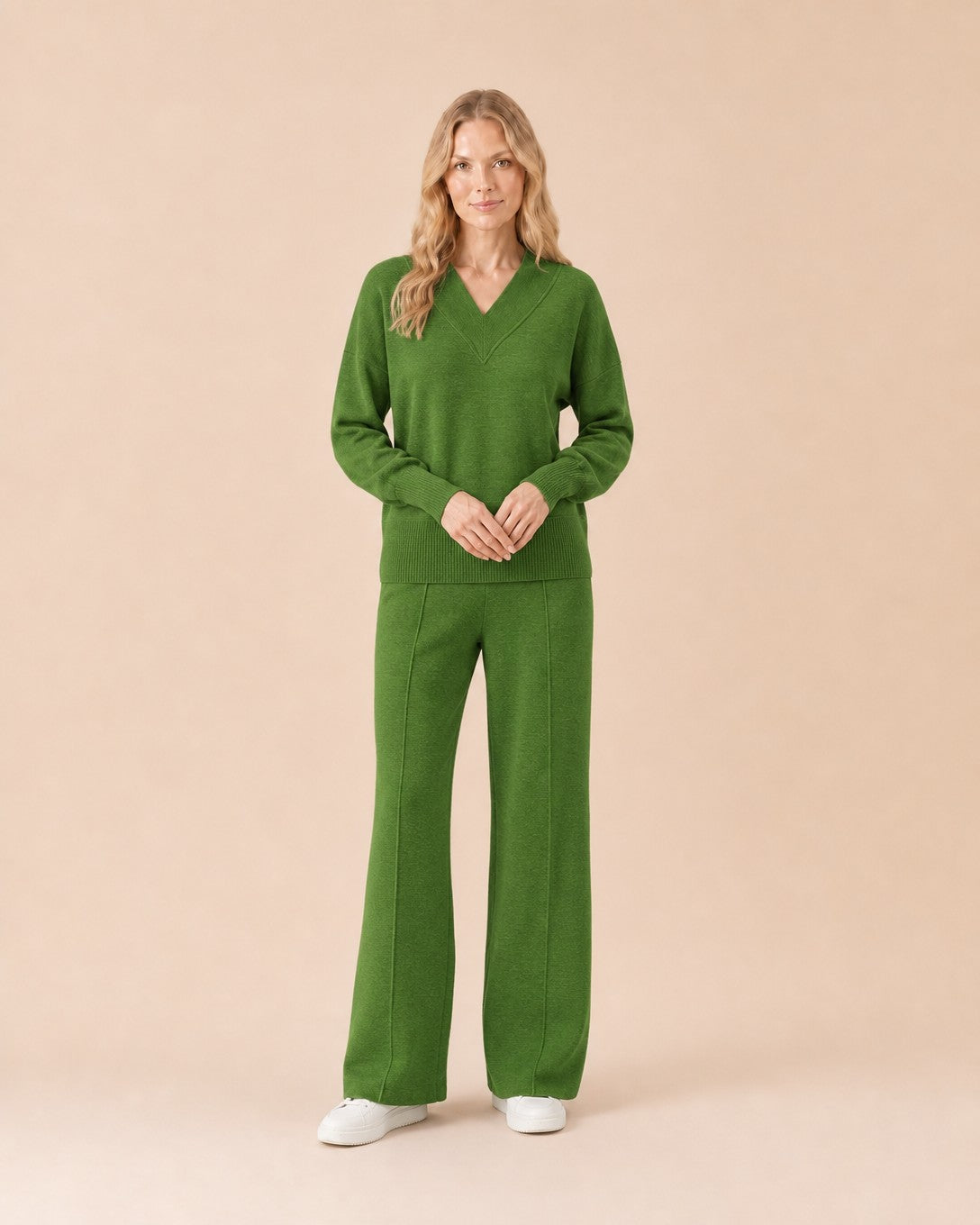 V-Neck Top and Wide-Leg Pants Set Front View in Green