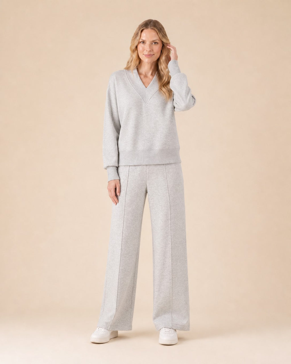 V-Neck Top and Wide-Leg Pants Set Front View in Grey