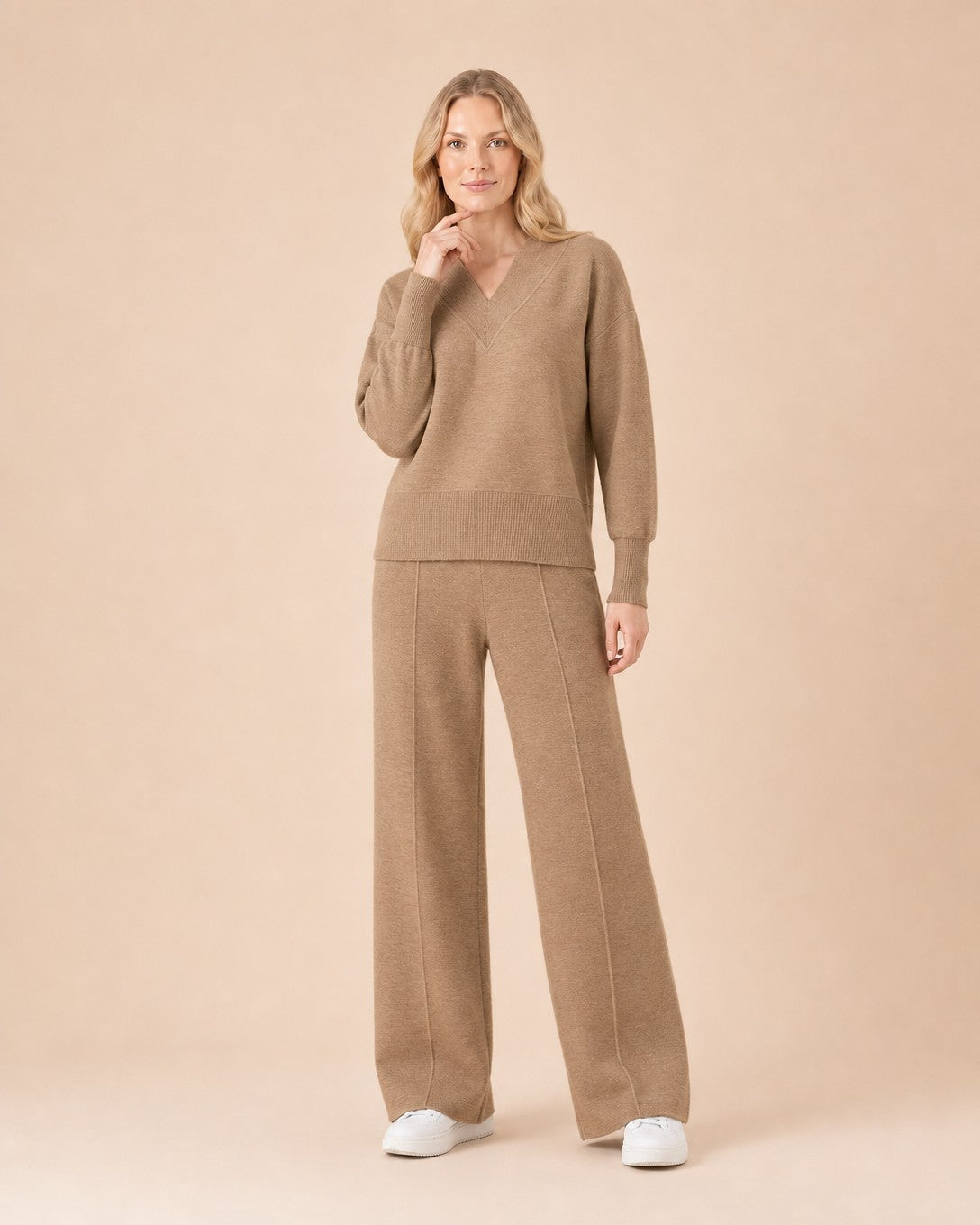 V-Neck Top and Wide-Leg Pants Set Front View in Khaki