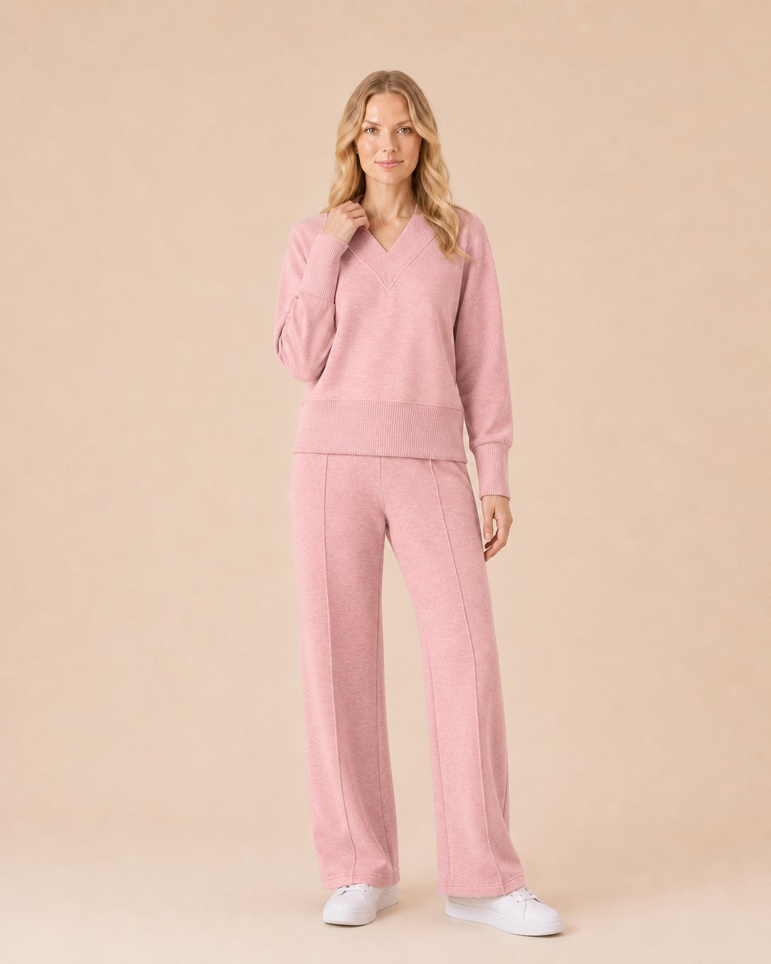V-Neck Top and Wide-Leg Pants Set Front View in Pink
