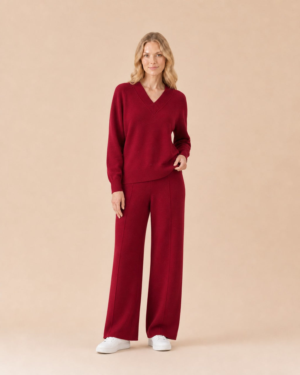 V-Neck Top and Wide-Leg Pants Set Front View in Red