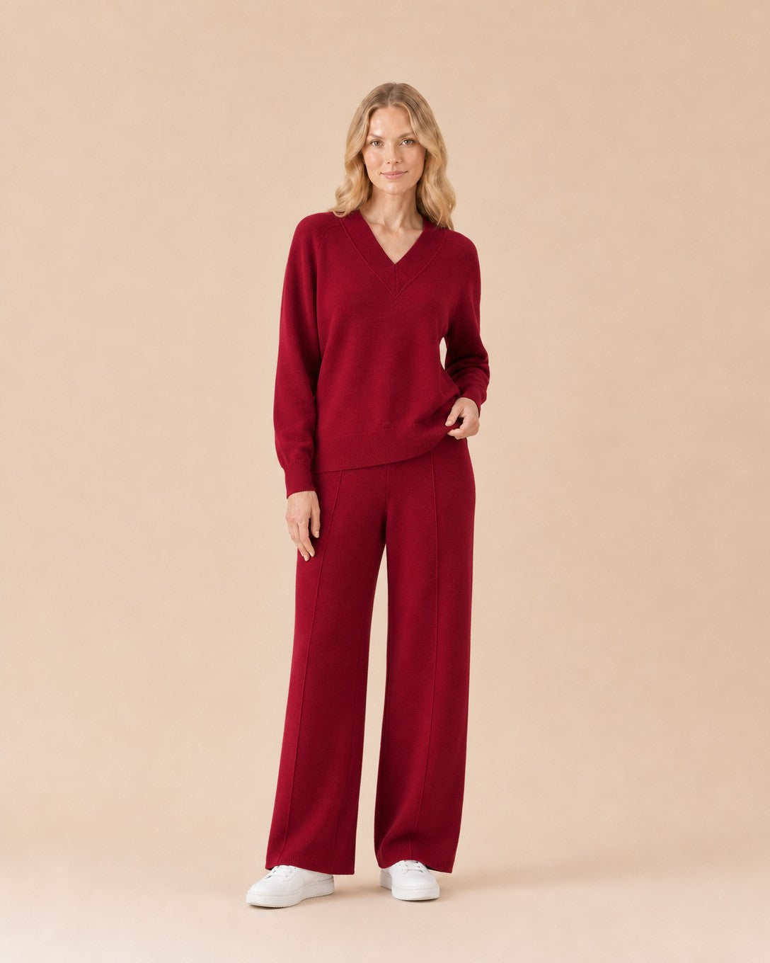 V-Neck Top and Wide-Leg Pants Set Front View in Red