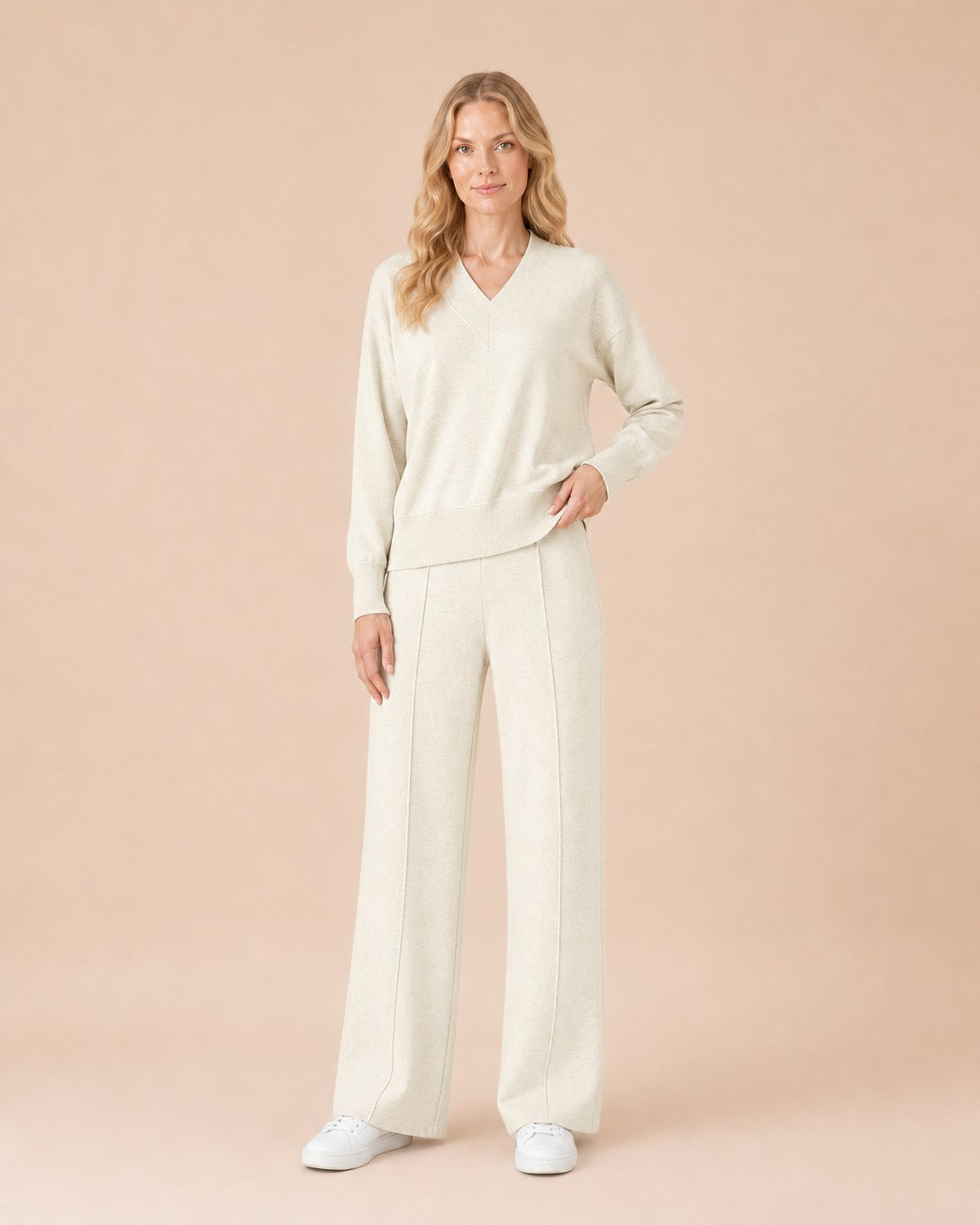 V-Neck Top and Wide-Leg Pants Set Front View in White